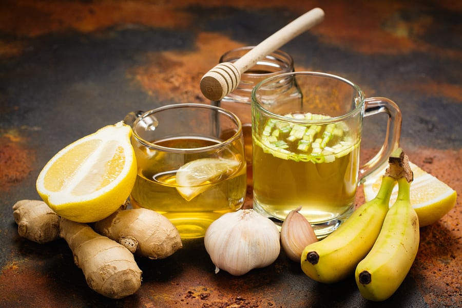 tea honey lemon ginger garlic and banana pictured
